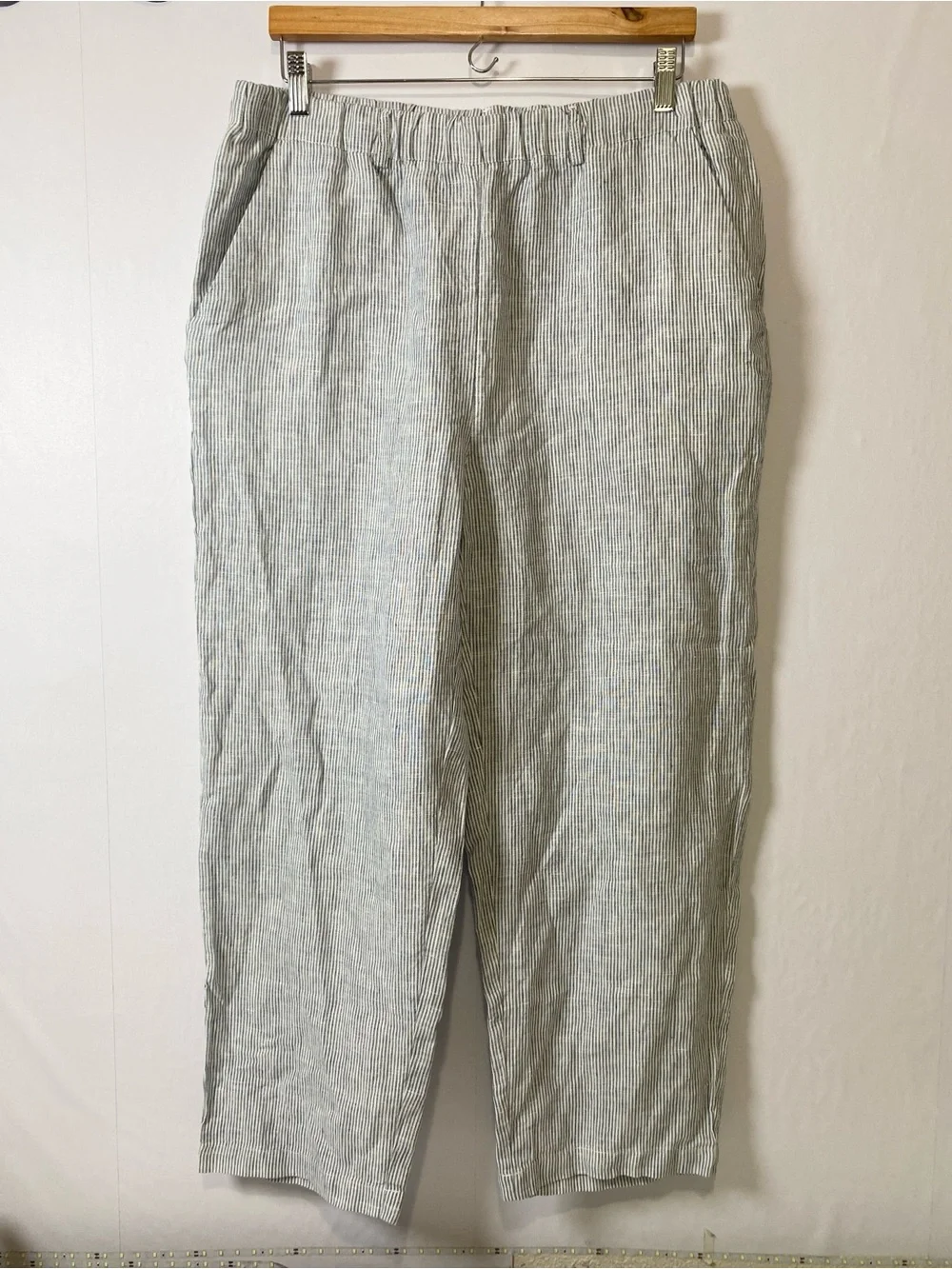 Quince 100% European Linen Pants Blue Pinstripe Large Breathable Lightweight NWT